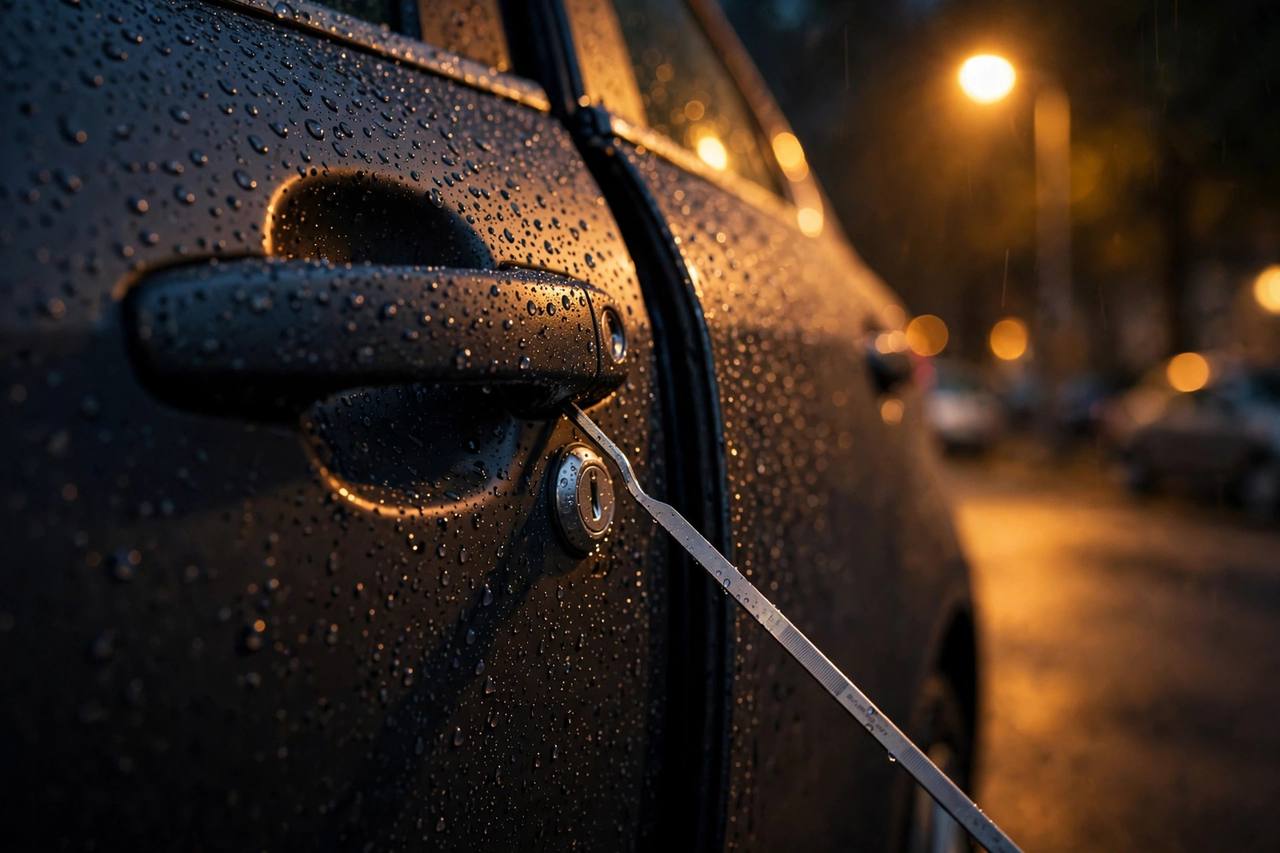 Auto locksmith unlocking a car for a locked-out driver in Longbridge